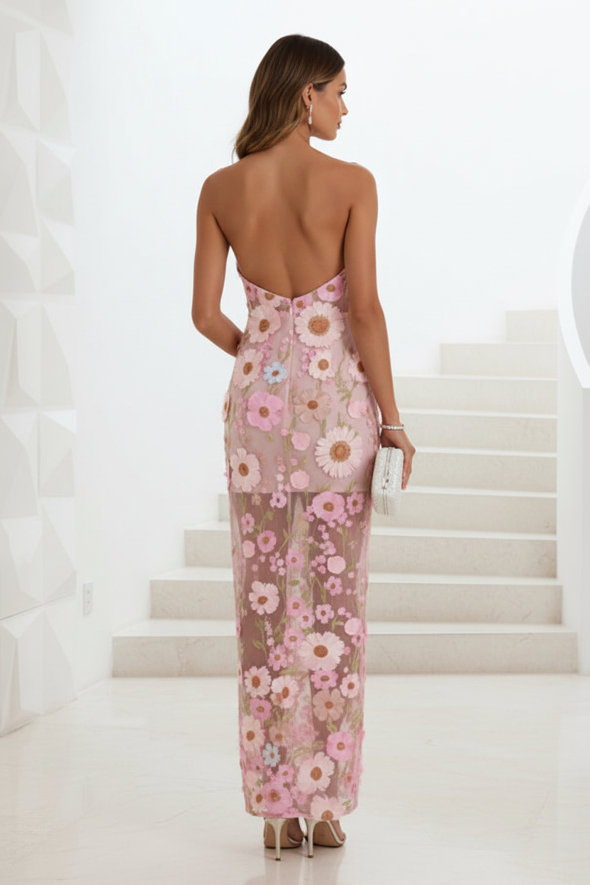 Strapless  Long 3D Floral Gown Sheath Cocktail Dress