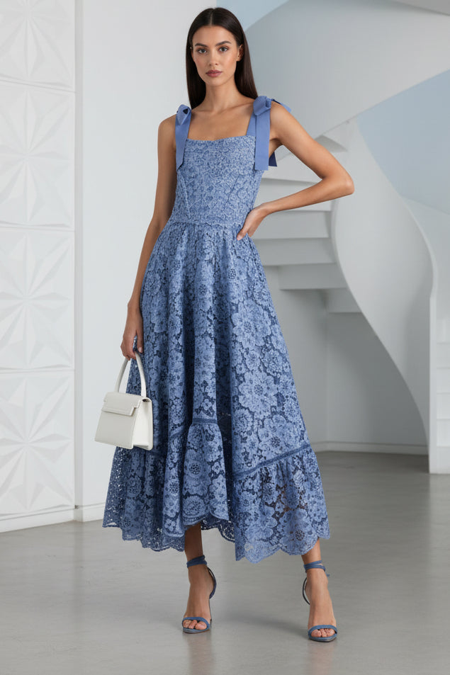Square Straps A-Line  Lace Midi Dress