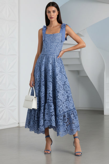 Square Straps A-Line  Lace Midi Dress