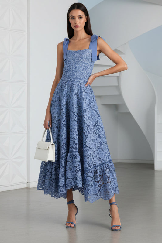 Square Straps A-Line  Lace Midi Dress