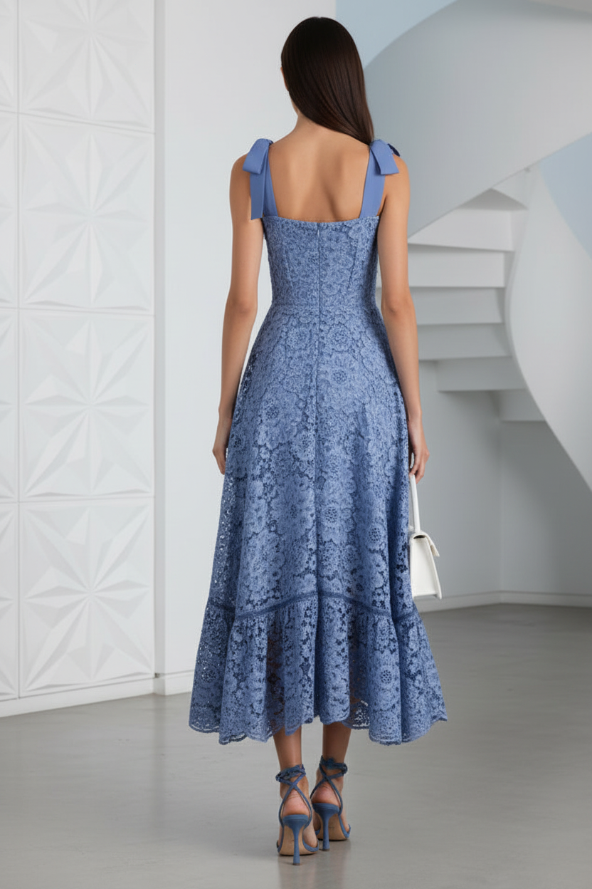 Square Straps A-Line  Lace Midi Dress