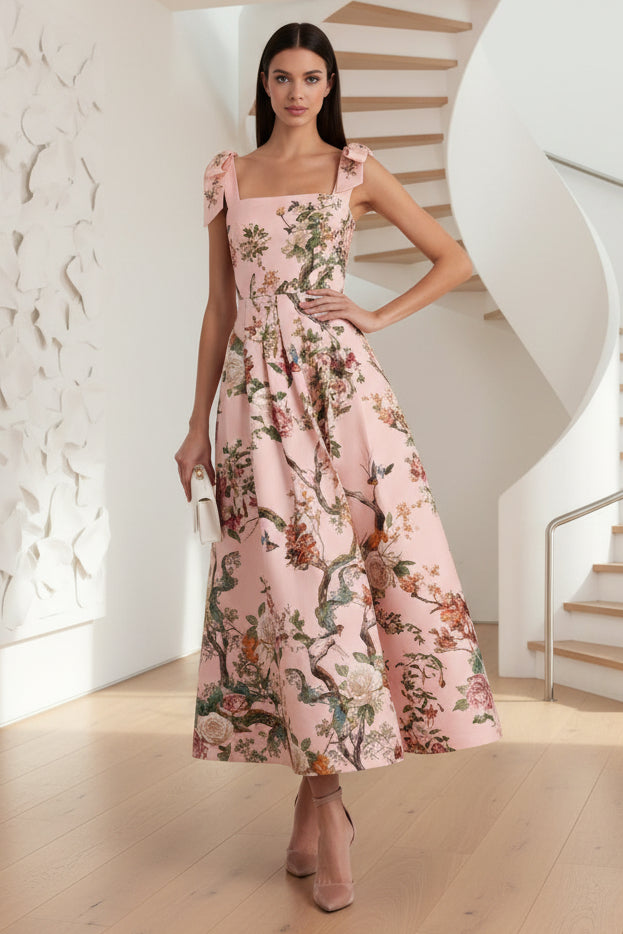 Square Strap Floral Printed Maxi Dress