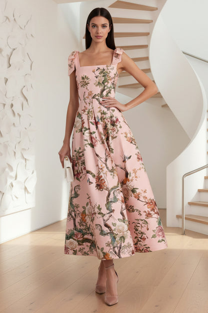 Square Strap Floral Printed Maxi Dress