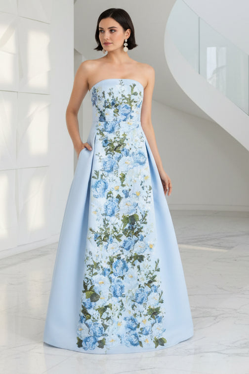 Strapless Floral Appliques A-Line Evening Gown