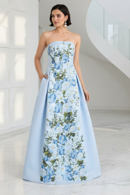 Strapless Floral Appliques A-Line Evening Gown