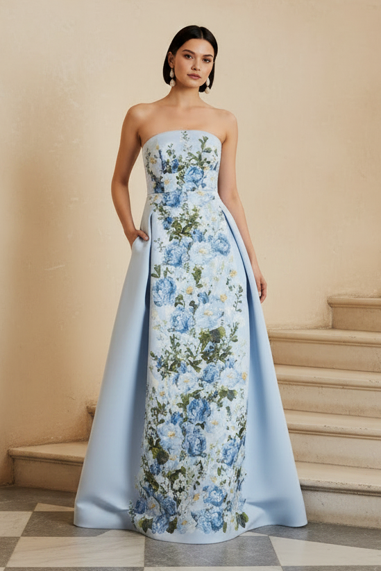 Strapless Floral Appliques A-Line Evening Gown
