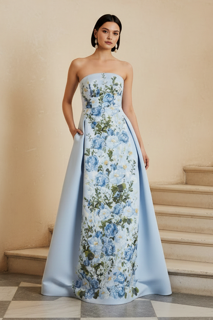 Strapless Floral Appliques A-Line Evening Gown