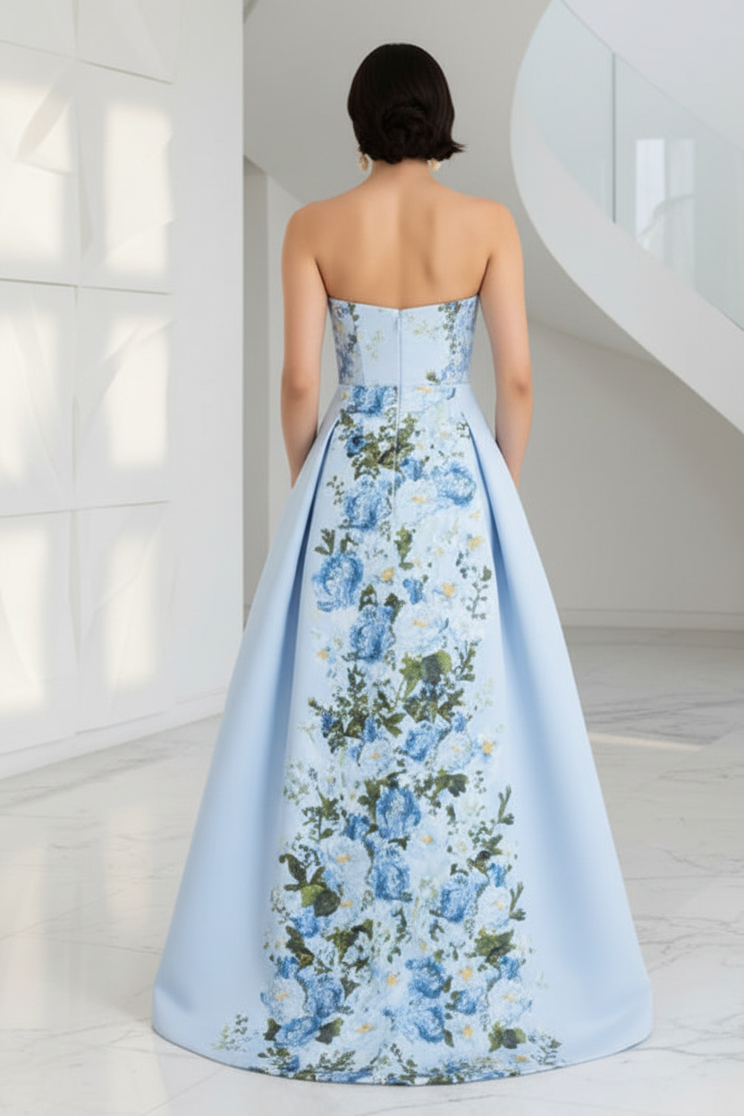 Strapless Floral Appliques A-Line Evening Gown