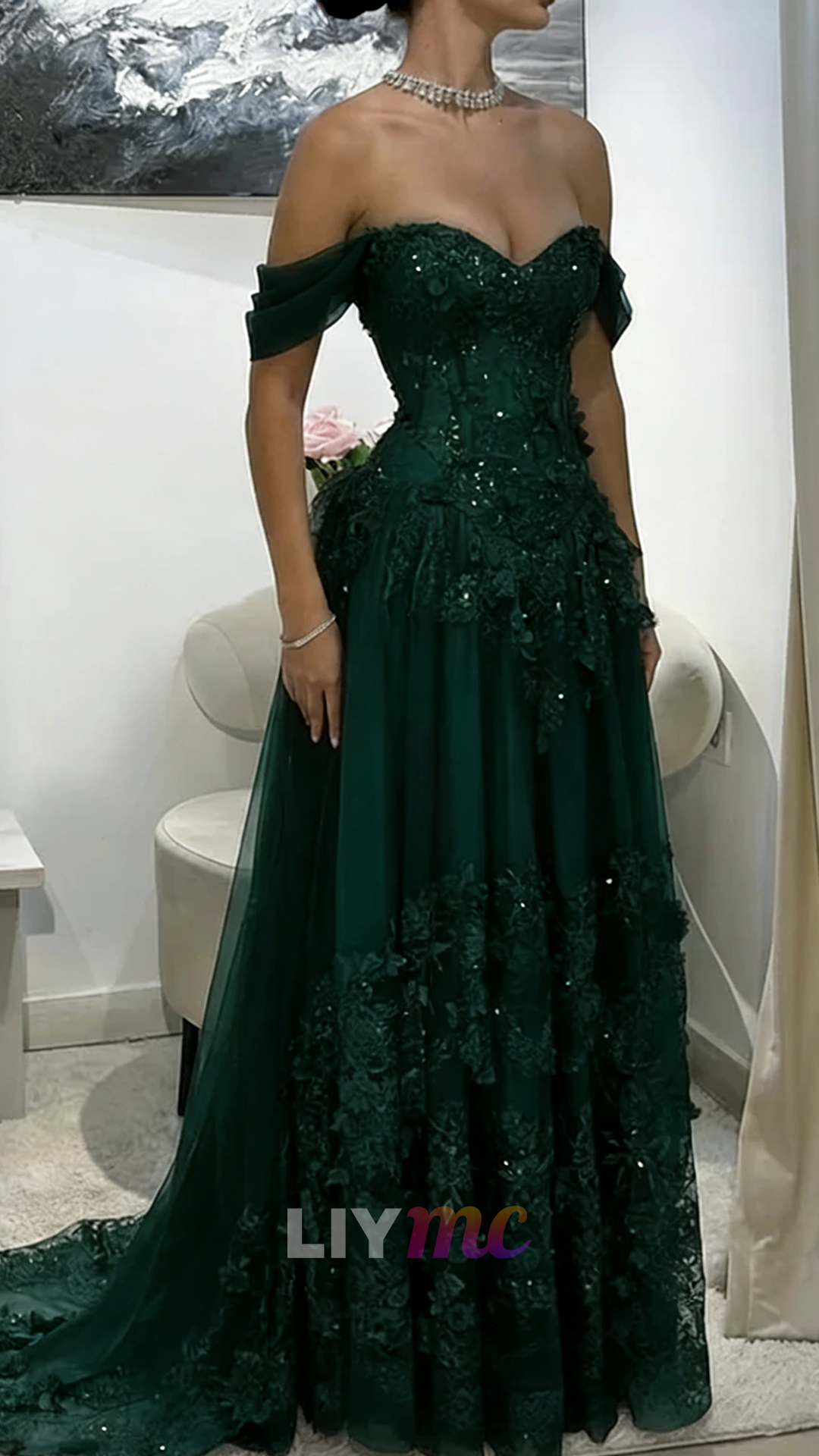 Off-Shoulder Appliques Tulle A-Line Corset Prom Dress