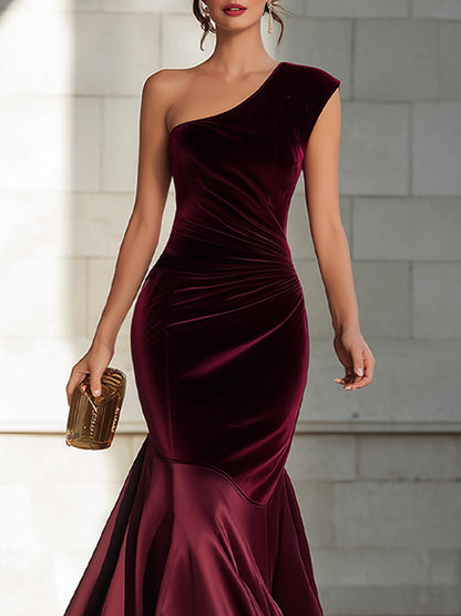 One-Shoulder Velvet Mermaid Evening Gown