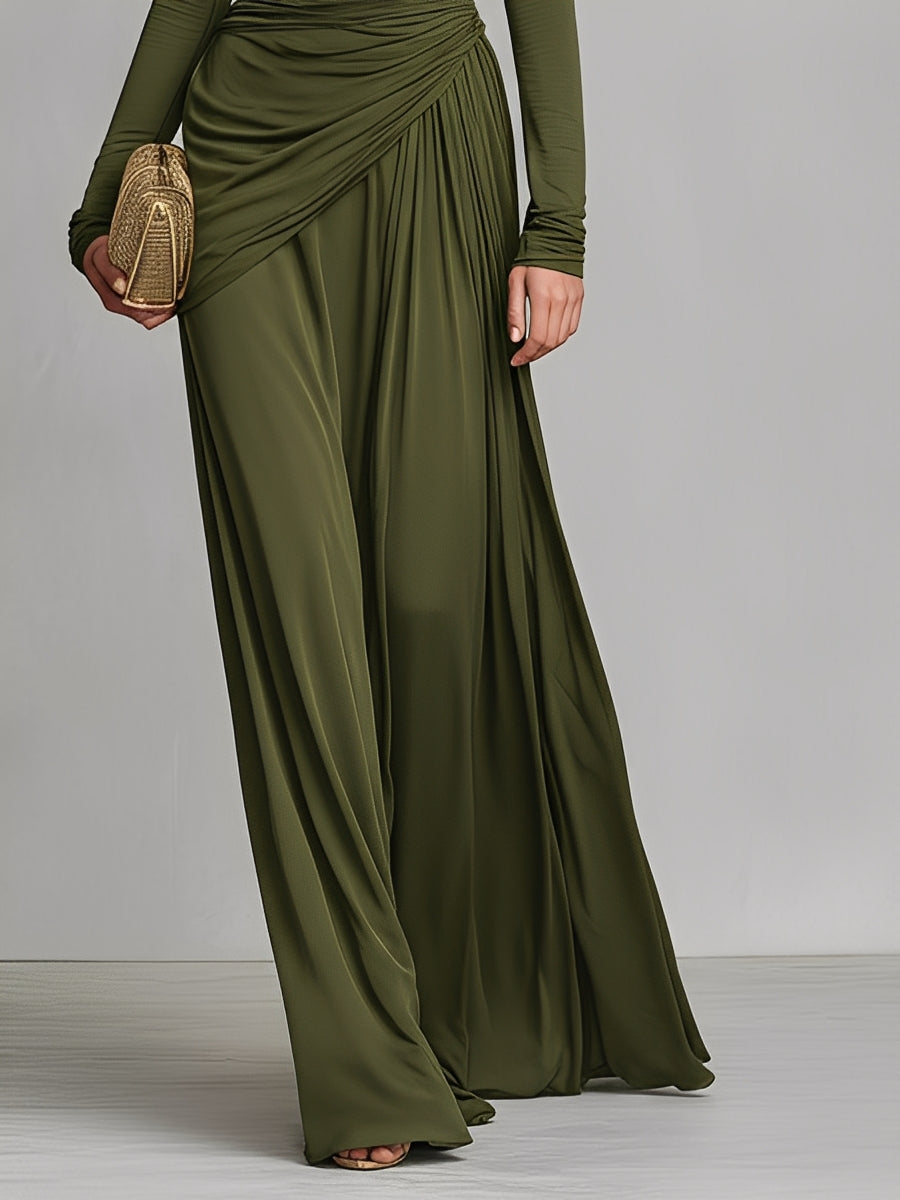 Women's Olive Green Stretchy Knit Dress With Deep V-Neck & Ruched Detail, Timeless Sleek-Glam Style Dress