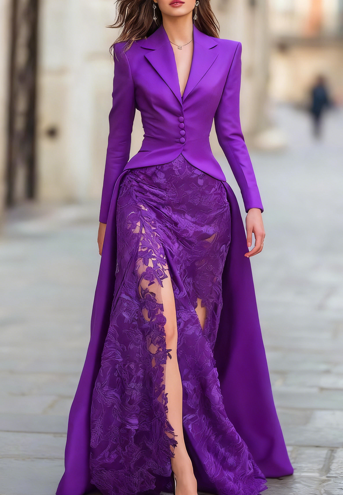 Elegant Tailored Blazer Panel Lace Gown Set