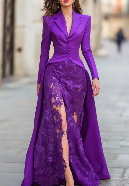 Elegant Tailored Blazer Panel Lace Gown Set