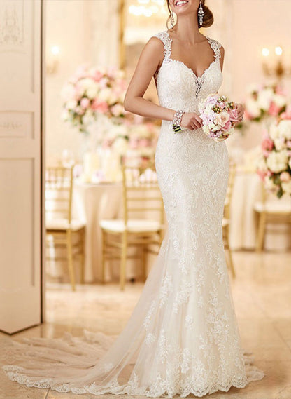 Trumpet/Mermaid Sweetheart Sleeveless Lace Chapel Train Wedding Dresses