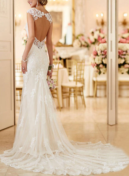 Trumpet/Mermaid Sweetheart Sleeveless Lace Chapel Train Wedding Dresses