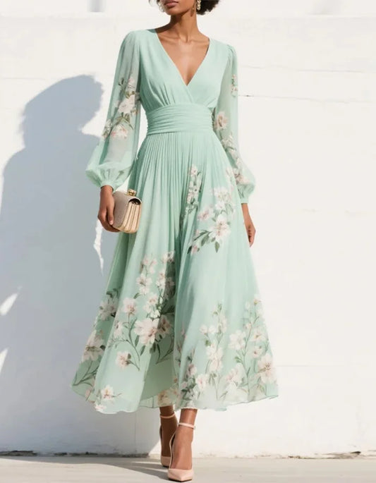 Graceful Mint Green Chiffon Midi Dress with Ruched Waist and Floral Embroidery