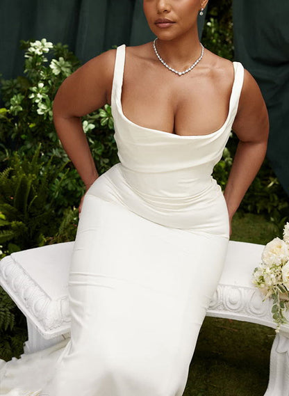 Mermaid Cowl Neck Sleeveless Sweep Train Elastic Satin Wedding Dresse