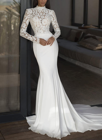 Elegant Lace Mermaid High Neck Long Sleeves Wedding Dresses