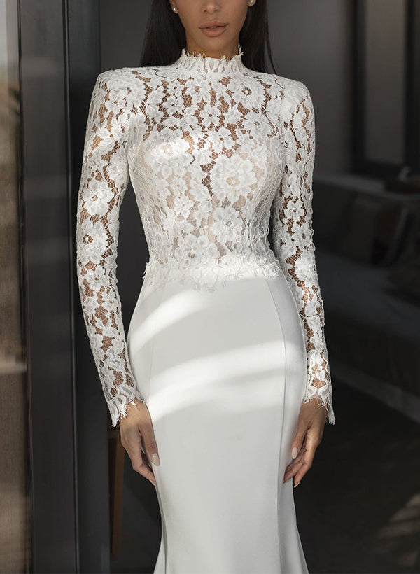 Elegant Lace Mermaid High Neck Long Sleeves Wedding Dresses