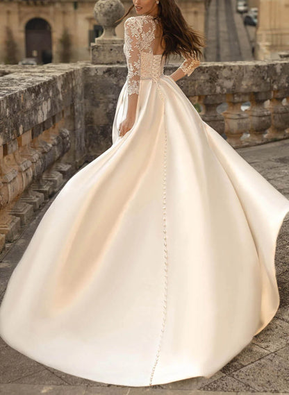 Classic Lace Sleeves Ball-Gown Satin Wedding Dresses
