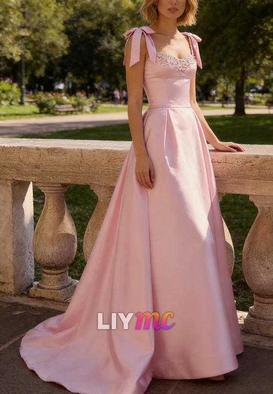 Scoop Straps Beaded A-Line Pinkk Prom Dress