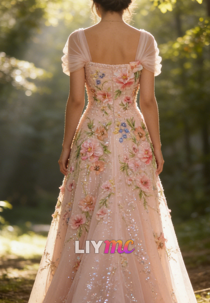 Square Cap Sleeves Sequins Appliques A-Line Prom Dress