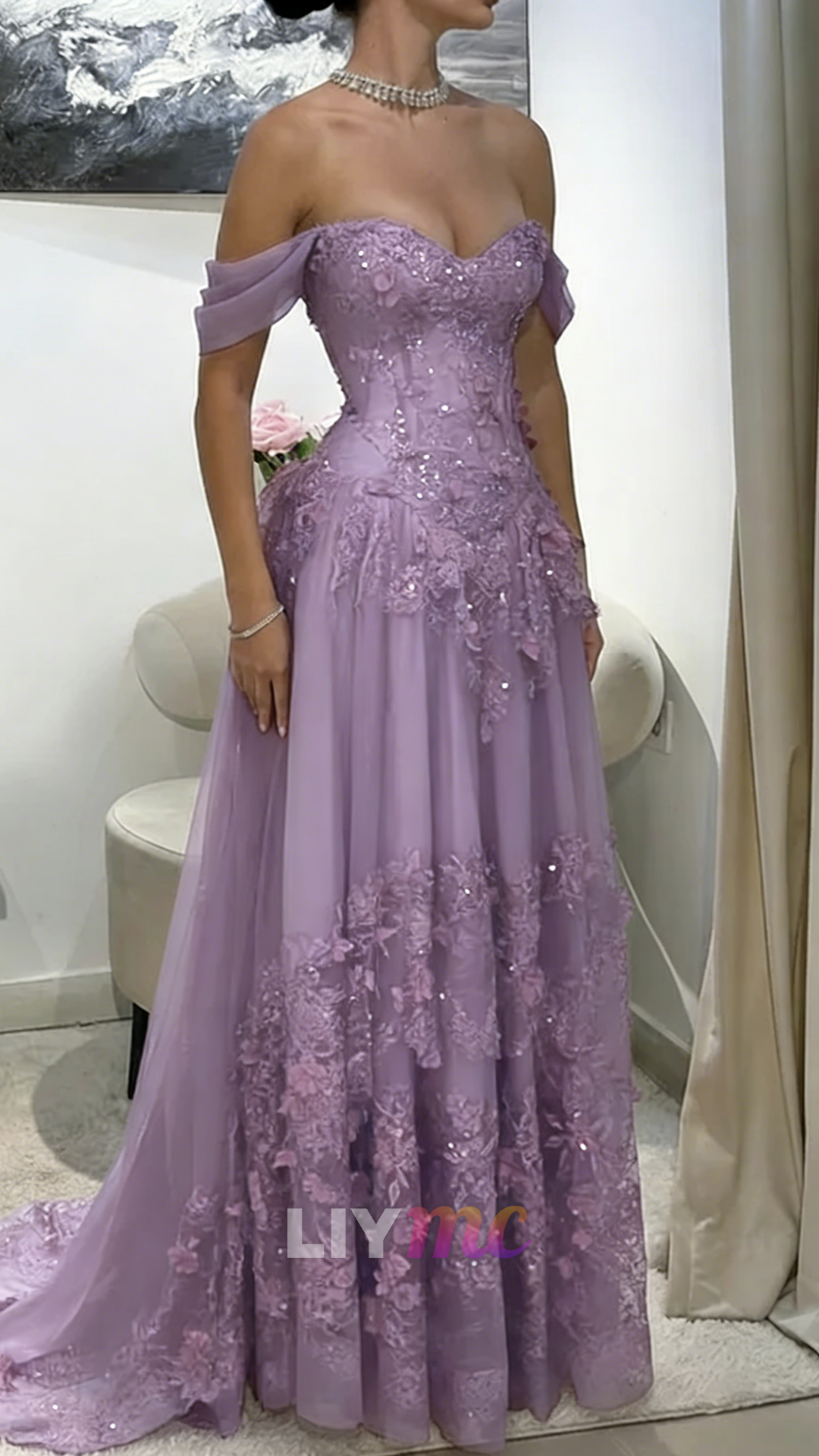 Off-Shoulder Appliques Tulle A-Line Corset Prom Dress
