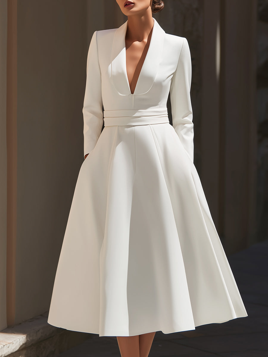 Elegant White Satin A-Line Midi Dress With Deep V-Neck