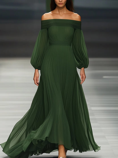 24-Hour-Shipping Off-shoulder Green Chiffon Maxi Dress