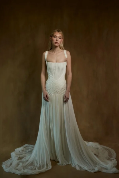 Simple ChiffonSquare Neck Sleeveless Long Prom Dress With Pleated And Train