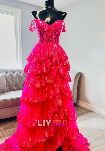 Sweetheart Sleeveless Appliques Tiered A-Line Prom Dress