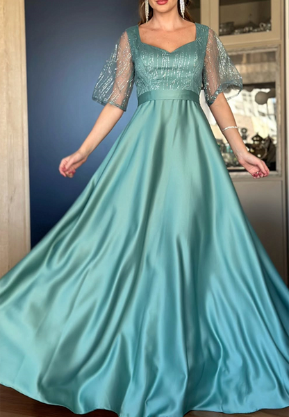 V-Neck Short Sleeves Sleek A-Line Mother of Bride Dress