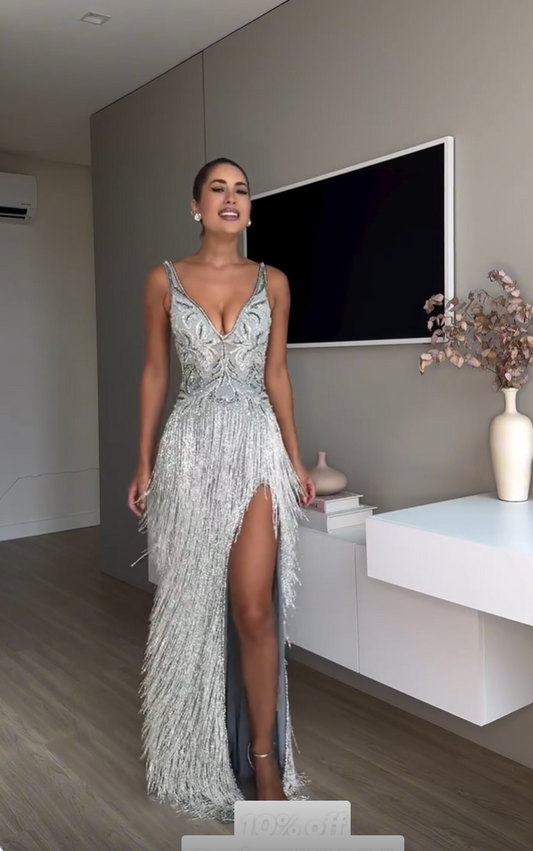 V-Neck Straps Sequins Appliques Beaded Fringe A-Line Prom Dress