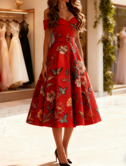Off-Shoulder Floral Printed A-Line Satin Mother of Bride Dress