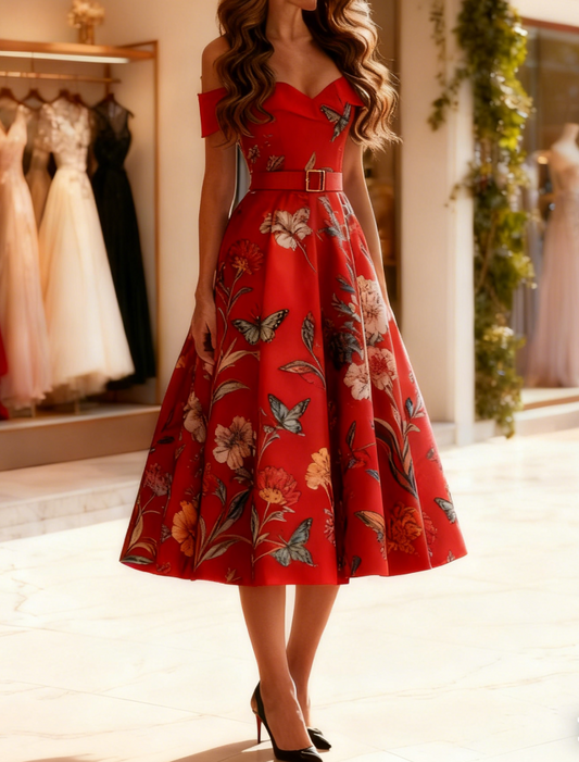 Off-Shoulder Floral Printed A-Line Satin Mother of Bride Dress
