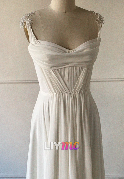 Sweetheart Straps Appliques Flowy A-Line Beach Wedding Dress