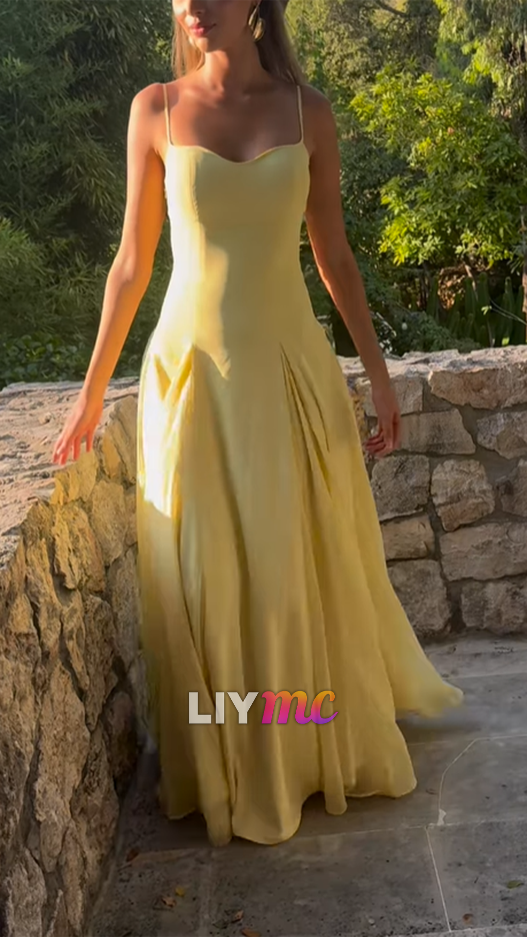 V-Neck Spaghetti Straps Yellow Simple A-Line Prom Dress