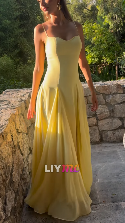 V-Neck Spaghetti Straps Yellow Simple A-Line Prom Dress