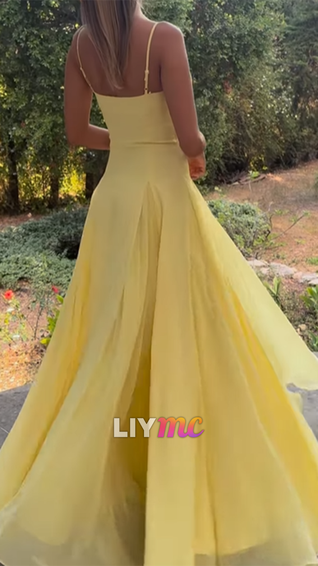 V-Neck Spaghetti Straps Yellow Simple A-Line Prom Dress