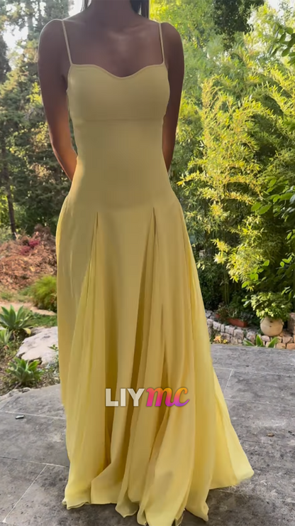 V-Neck Spaghetti Straps Yellow Simple A-Line Prom Dress