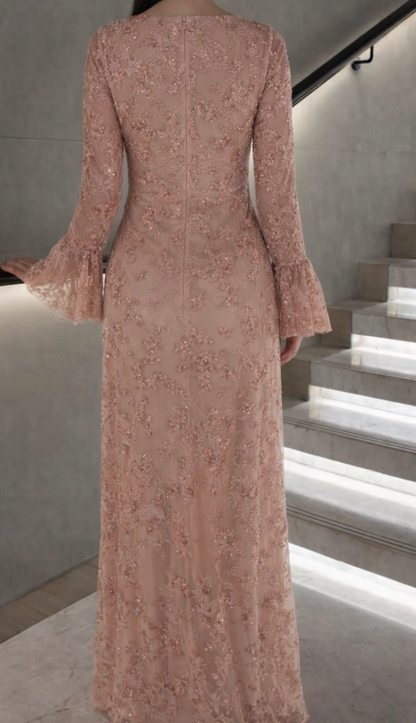 Scoop Sequins Appliques Long Sleeves Sheath Evening Dress