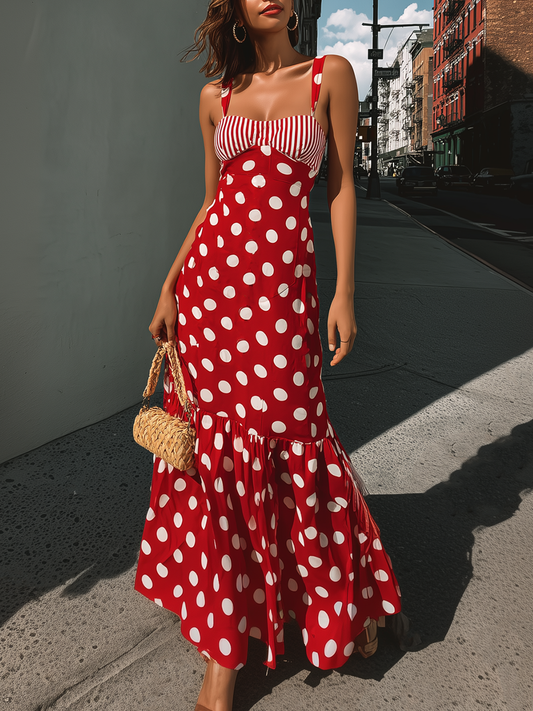 Red Polka Dot Striped Panel Maxi Dress