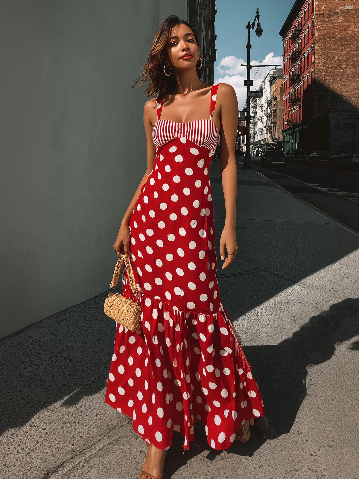 Red Polka Dot Striped Panel Maxi Dress
