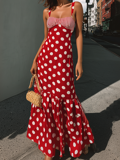 Red Polka Dot Striped Panel Maxi Dress