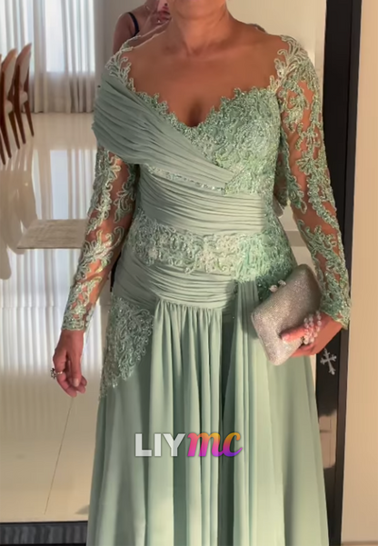 V-Neck Long Sleeves Appliques A-Line Mother of Bride Dress