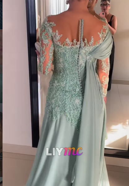 V-Neck Long Sleeves Appliques A-Line Mother of Bride Dress