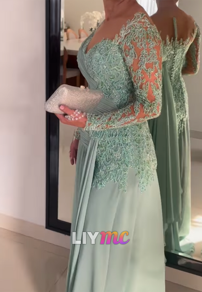 V-Neck Long Sleeves Appliques A-Line Mother of Bride Dress