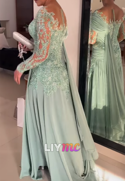 V-Neck Long Sleeves Appliques A-Line Mother of Bride Dress
