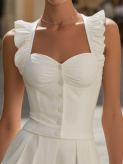 White Ruffle Strap Top Shorts Set