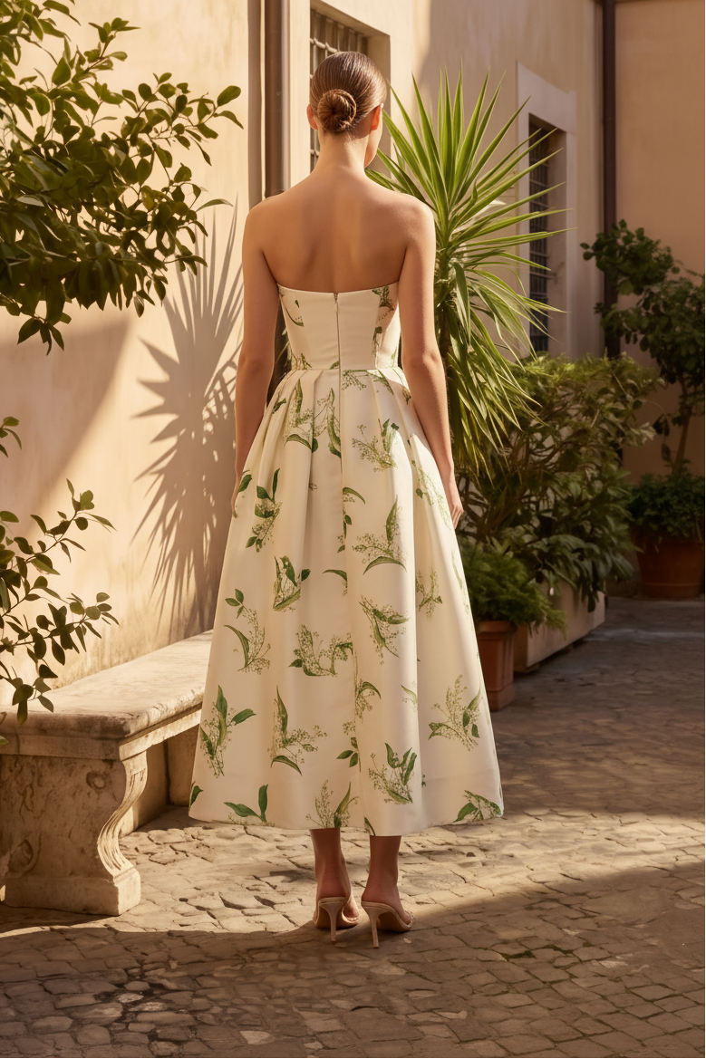 Sweetheart Strapless Floral Printed A-Line Wedding Guest Dress
